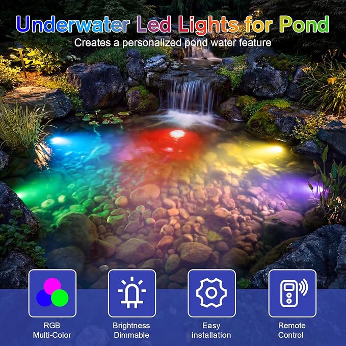 POPOSOAP RGB Underwater Pond Lights, IP68 Waterproof LED Pond Lights with Remote, Timer & Memory Function Fountain Lights for Pond Fountain Waterfall Aquarium Swimming Pool Outdoor Decoration 4-Head