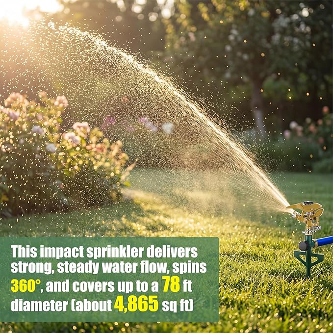 LemonRoad 4 Pack Heavy Duty Brass Impact Sprinkler on Metal Spike Base 360 Degree Automatic Pulsating Lawn Sprinkler for Large Area Yard Garden Irrigation System for Large Area Grass Garden Irrigation