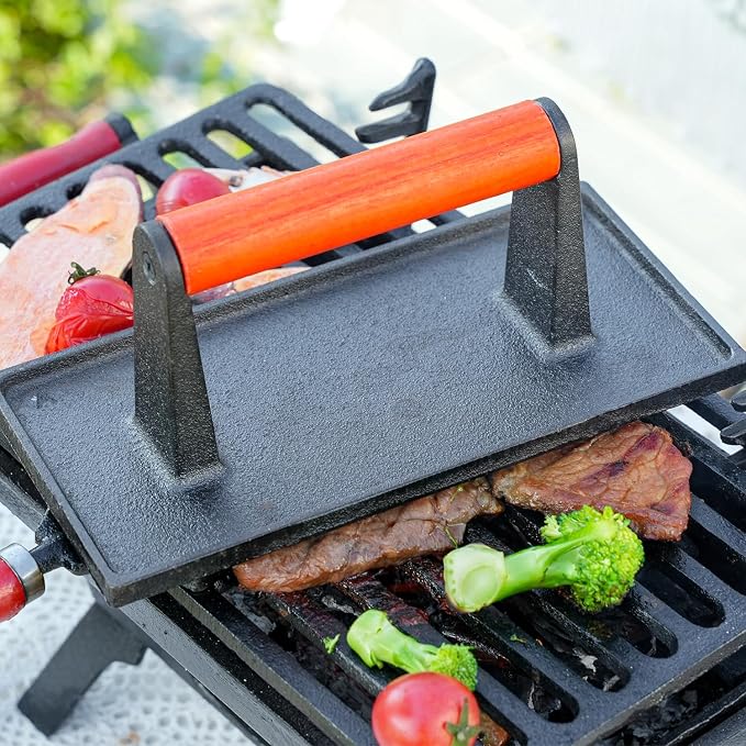 Sungmor Heavy Duty Cast Iron Grill Press, 8.7" x 4.3" Rectangel Burger Press Bacon Smasher with Wood Handle, Meat Steak Weight for Blackstone Grill,Outdoor Griddle, Kitchen Barbecue Press Tool