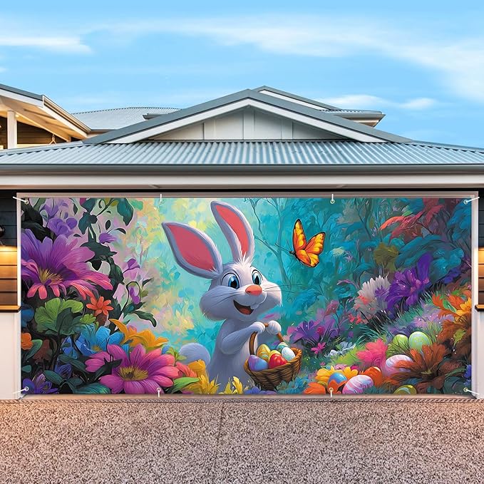 7 * 16FT Summer Garage Door Cover Decorations Sunset Palm Trees Garage Door Banner for Outdoor Indoor Summer Party Photography Backdrop (easter rabbit, 6 * 13 ft)