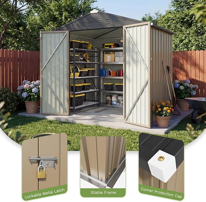 Patiowell 6x4 FT Outdoor Storage Shed with Floor Frame, Metal Garden Patio Sheds with Sloping Roof and Lockable Door, Waterproof Steel Tool Shed for Backyard Garden Lawn, Brown