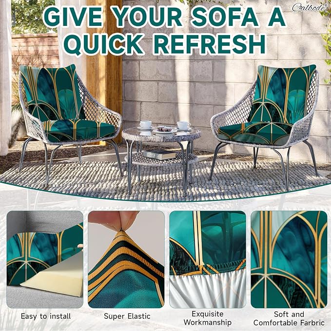CALBODE 8Pcs Stretch Patio Cushion Cover, Art Deco Geometric Pattern Couch & Sofa Slipcovers for Patio Furniture Cushions Washable Reusable Couch Covers Replacement for All Season(Green, Cover Only)