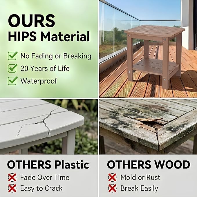 Y&M Outdoor Side Table, HIPS Adirondack Small Double Layer Table, Waterproof Square Outside Table, Balcony Modern End Tables for Patio, Pool, Beach, Porch, Deck, Indoor or Outdoor Use, Brown