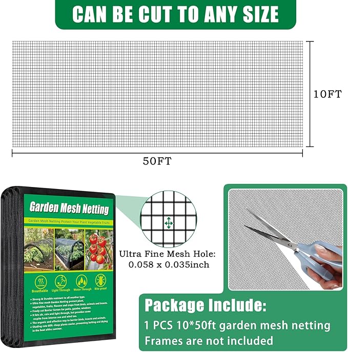 10 X 50 FT Thicker Garden Mesh Netting Pest Barrier for Raised Beds, Black Fruit Tree Netting for Cicadas, Bird Insect Blueberry Bush Strawberry Netting Cover for Garden Protection, Shading Rate 30%