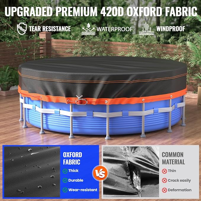 Round Pool Cover - Solar Covers for Above Ground Pools, Oxford Fabric Pool Covers for Above Ground Pools with Winch and Cable, Waterproof and Dustproof Swimming Pool Cover (Round Pool Cover, 33FT)