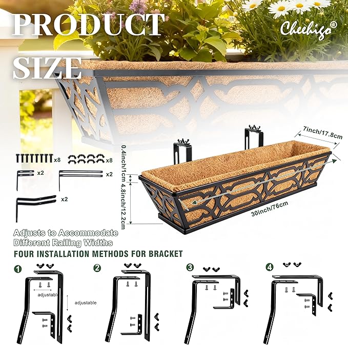 4 Pack 30 Inch Window Boxes Planters with Coco Liner, Large Metal Railing Planter Boxes for Deck, Heavy Duty Hanging Trough for Fence and Front Porch Garden Flower Display