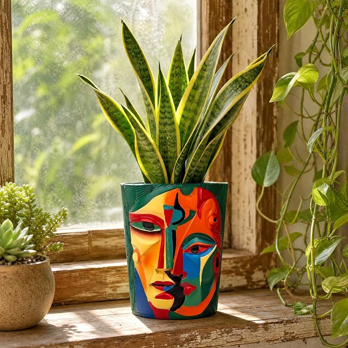 Mrlikale Abstract Face Planter Pots with Drainage Hole for Indoor Plants | 6.6 Inch Hand-Painted Funny Face Flower Pot for Succulents, Shelves, Desks, and Modern Home Decor