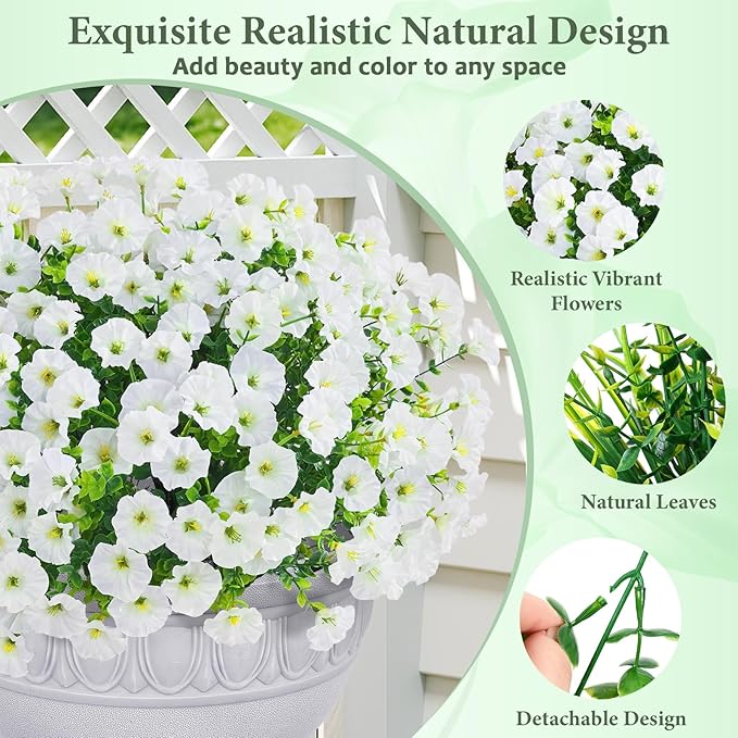 Yastouay Artificial Flowers for Outdoors, 14 Bundles Fake Outdoor Flowers, UV Resistant Artificial Plants & Flowers for Decoration, White Realistic Morning Glory for Outdoor Porch Garden Decoration