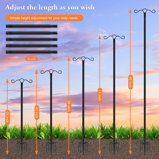 SINLEY 2 Pack 90 inch Double Shepherds Hook for Outdoor with 5 Prong Base Heavy Duty Two Sided Bird Feeder Pole for Hanging Lantern,Hummingbird Feeder,Lightweight Plant,Shepherds Hook