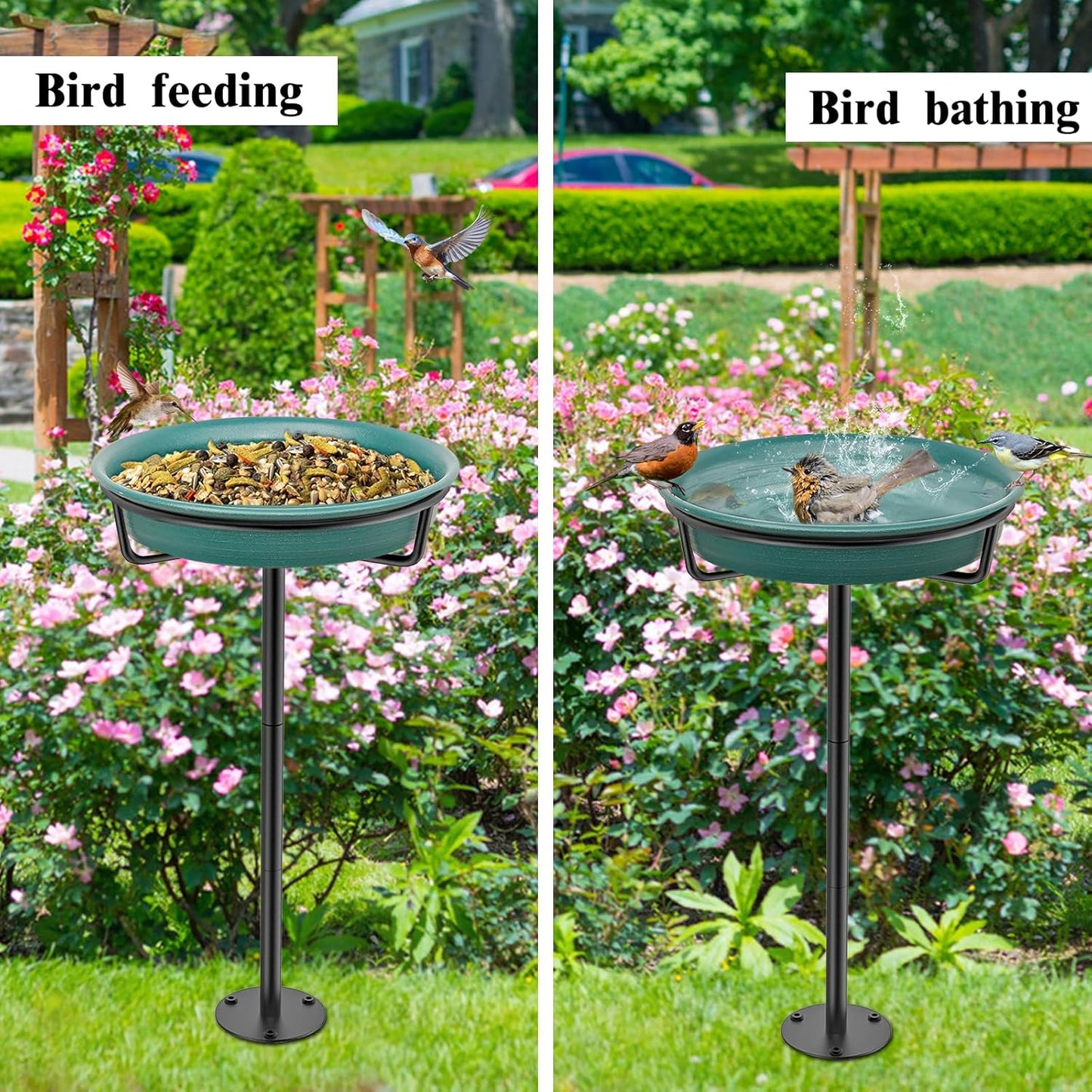 Bird Baths for Outdoors, Detachable Birdbaths for The Garden Clearance, Freestanding Bird Baths for Outdoors Heavy Duty, Bird Bath Bowl Spa & Birdfeeder with Metal Stake Stand (Green)