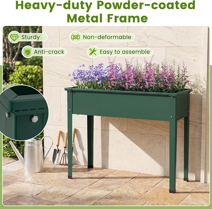 HAPPYGRILL Raised Garden Bed, 31.5” Elevated Planter Box w/Legs, Drainage Hole, Hemming Design, Metal Garden Box for Vegetable Herb, Outdoor Raised Beds for Gardening, Backyard Porch Balcony, Green