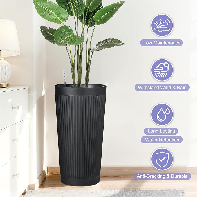 24in Tall Self-Watering Planters Set of 2, Black | Water level indicator, Self-watering irrigation system, Non-toxic PP plastic, Weather Resistant, Indoor Outdoor Use