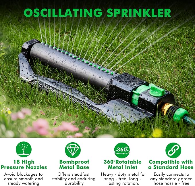 RESTMO Heavy Duty Oscillating Sprinkler with Metal Base, Adjustable Flow Control Lawn Watering System, Covers Up to 3,600 Sq. Ft. for Garden, Yard