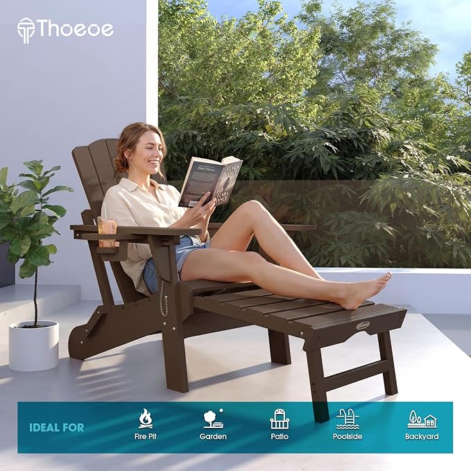 THOEOE Folding Adjustable Adirondack Chairs with Ottoman & 1 Cup Holders Set of 2, HDEP Multifunctional Adirondack Chair with Footrest,Brown