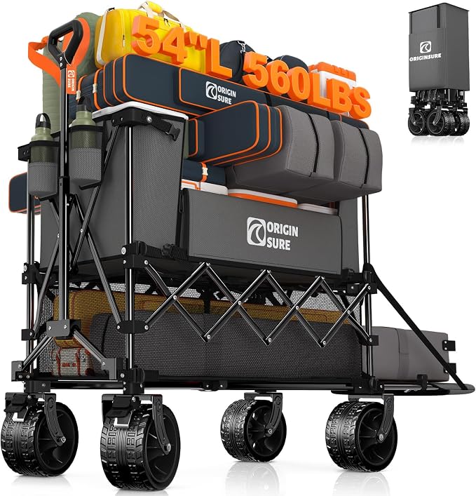 Originsure 400L Double Decker Wagon Collapsible with 54" L Tailgate, 560lbs Heavy Duty Carts Foldable, Extra Large Folding Beach Wagon with Big All-Terrain Wheels for Camping, Sports, Groceries, Grey