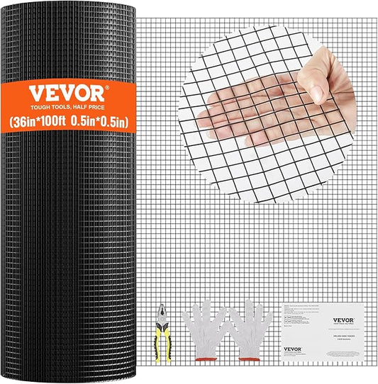 VEVOR Hardware Cloth, 36'' x 100' 1/2inch Galvanized Wire Mesh Roll, 19 Gauge Chicken Wire Fencing Roll, Vinyl Coating Metal Wire Mesh for Chicken Coop Barrier, Rabbit Snake Fences, Poultry Enclosures