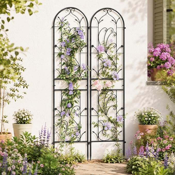 2 Pack 87x20in Garden Trellises, Sunflower Black Metal Coated Rustproof Trellis for Climbing Plants Outdoor, Roses, Vegetables, Vines, Cucumbers