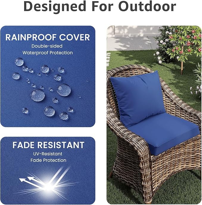 PatioGlow Outdoor Seat Cushion Set 24 x 24 x 4 Inch, Waterproof & Fade Resistant Patio Furniture Cushions with Removable Cover and Ties, Thick Deep Seating Pads for Outside Chair Sofa Couch, Blue