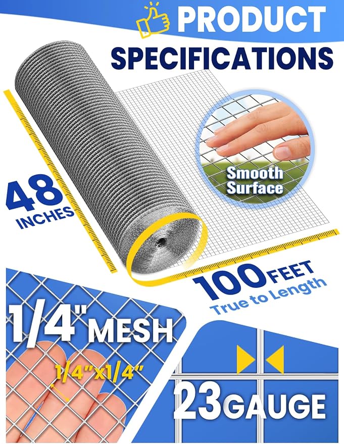 Hardware Cloth 1/4 in. 48in. x 100ft. Hot-dip Galvanized After Welding, 23 Gauge, Wire Fence Roll Chicken Wire Mesh Roll Garden Fencing
