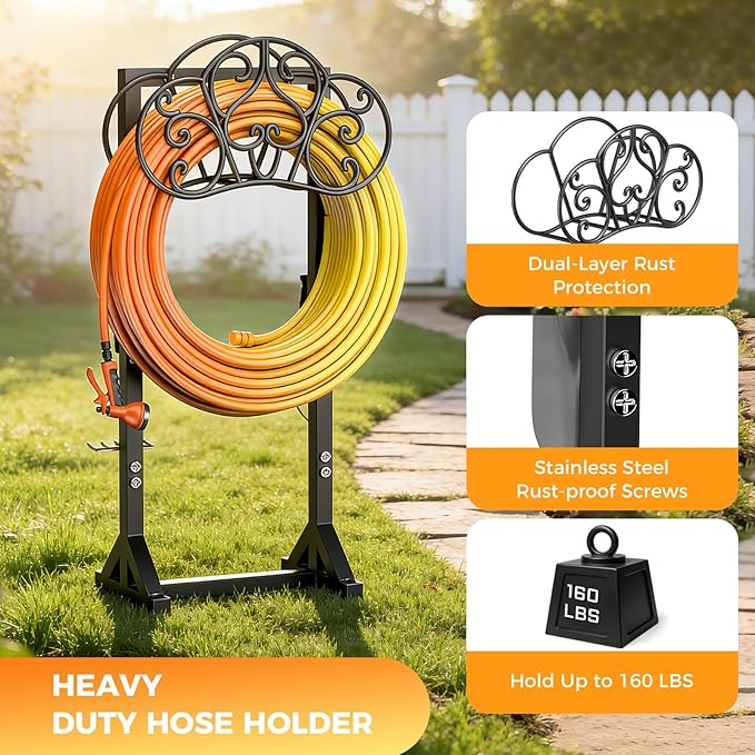 Garden Hose Holder Heavy-Duty Freestanding Water Hose Holder Holds 160Ft Hoses with 2 Tool Hooks, Rustproof Freestanding Hose Stand with 4 Spikes Hose Hanger Storage Rack for Outside, Yard, Lawn