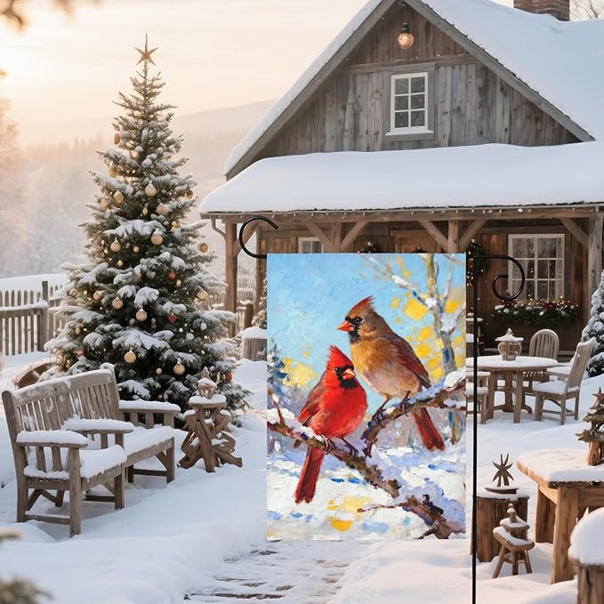 Winter Cardinal Garden Flag 12x18 Inch Snow Scene Bird Twigs Christmas Holiday Decorative Yard Flags for Outside Double Sided Seasonal Outdoor Home Farmhouse Decoration Porch January Decor