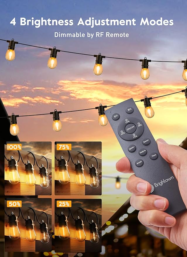 Brightown 55FT Solar String Lights Outdoor Waterproof, Patio Lights with Remote and 16+1 LED Shatterproof Bulbs, Dimmable & Timable, 3 Light Modes, Solar Lights Outdoor for Yard Garden Camping Party