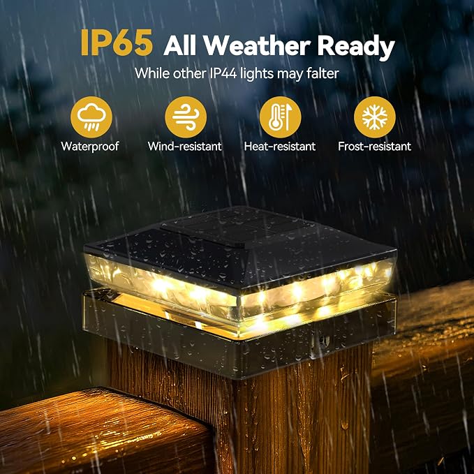 Solar Post Cap Lights, Upgraded Outdoor Deck Fence Post Solar Lights for 4x4 5x5 Wood/Vinyl Posts, IP65 Waterproof, 10-12 Hours Warm White Glow for Garden/Patio/Porch - 6-Pack, Dark Black