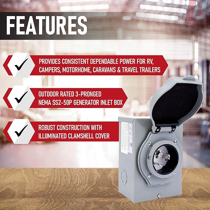 50 Amp Generator Inlet Box - NEMA SS2-50P Power – Waterproof Outlet - RV Outdoor/Indoor Weatherproof Use - 125/250V, Up to 12500 Watts – 3R Plug, ETL Listed