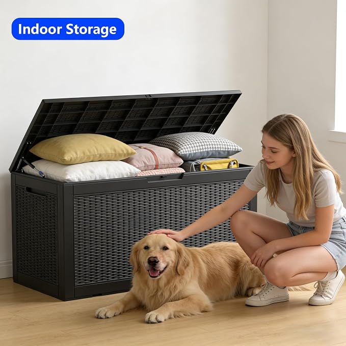 100 Gallon Resin Deck Box All Weather Outdoor Storage Box for Patio Furniture, Garden Tools, Lockable, Black
