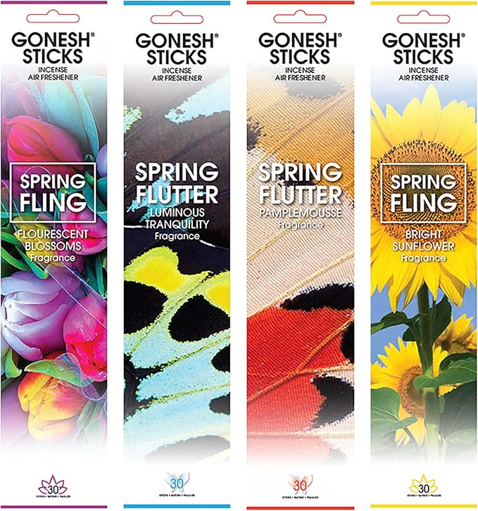 Gonesh Scents of Spring - Incense Sticks Variety Pack - Non-Toxic 10” Slow Burn Aromatic Sticks - Luminous Tranquility, Pamplemousse, Fluorescent Blossoms, Bright Sunflowers - 30 Count Each