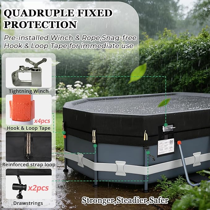 QH.HOME 550D 16x10 Ft Oval Pool Cover [Upgraded Tear Resistant & Quadruple Windpoof] wth Pre-Installed Patented Winch and Rope,Pool Covers for Above Ground Pools Oval-Snug Fit & Waterproof Protection