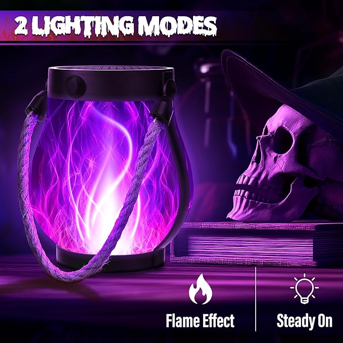 Jyoiat Solar Flame Lantern Hanging Outdoor Waterproof Purple - 2 Pack Flame Lanterns with Dual Charging Modes of Solar & USB for Garden or Yard Decorations (Purple - 2 Pack)