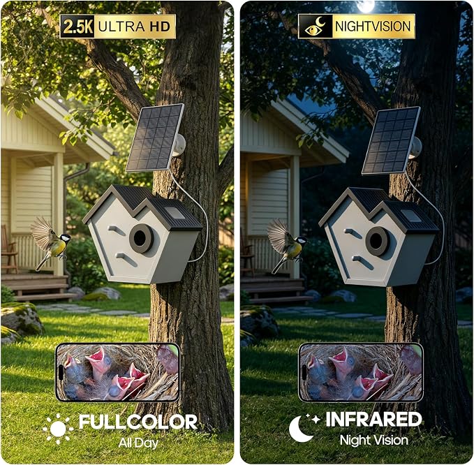 Wooden Bird House with Camera, 2K HD WiFi Smart Bird Feeder with AI Identify Birds Species & LED Light, Instant Alerts with Solar Powered Wireless Outdoor Birdhouse, Gifts for Bird Lovers