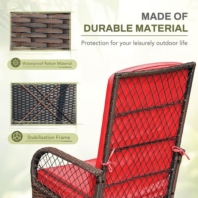 Greesum 3 Piece Outdoor Wicker Rocking Chairs Patio Furniture Set with Glass Coffee Table for Garden Backyard Porch Poolside, Red