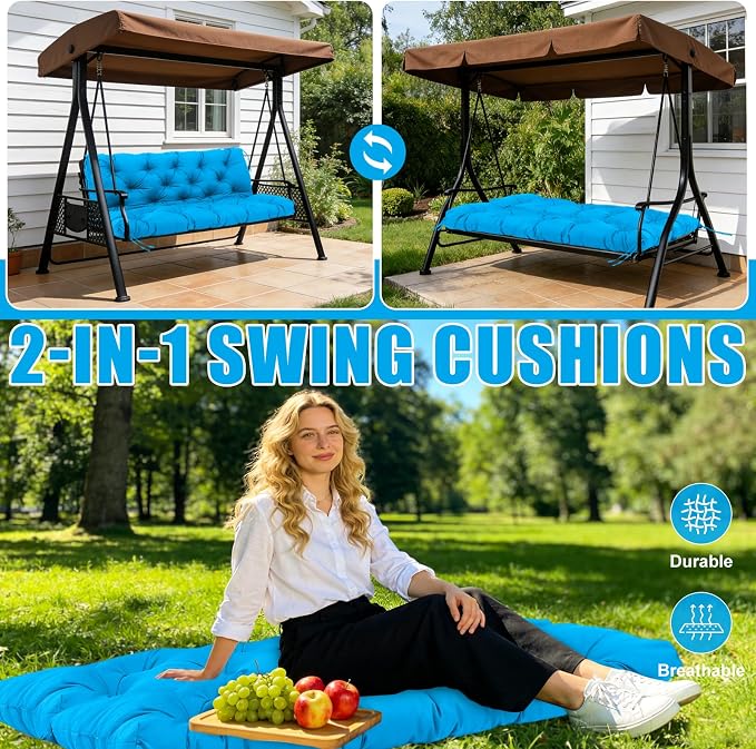 Porch Swing Cushions 48 inch Waterproof & Fade Resistant Thicken 5" Outdoor Swing Cushions 2 Seater Replacement with Backrest & Ties Patio Swing Cushions for Outdoor Furniture (Lake Blue)