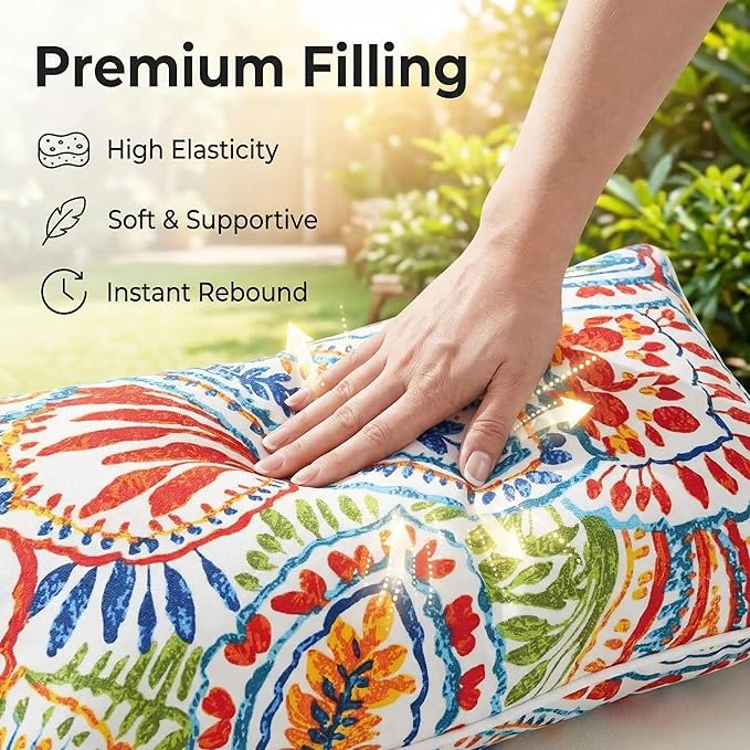 JMGBird Red Paisley Lumbar Support Pillow Set of 2 - Water-Repellent Cushions with Insert for Office Chair, Car Seat, Outdoor Furniture, 12x20 Inch