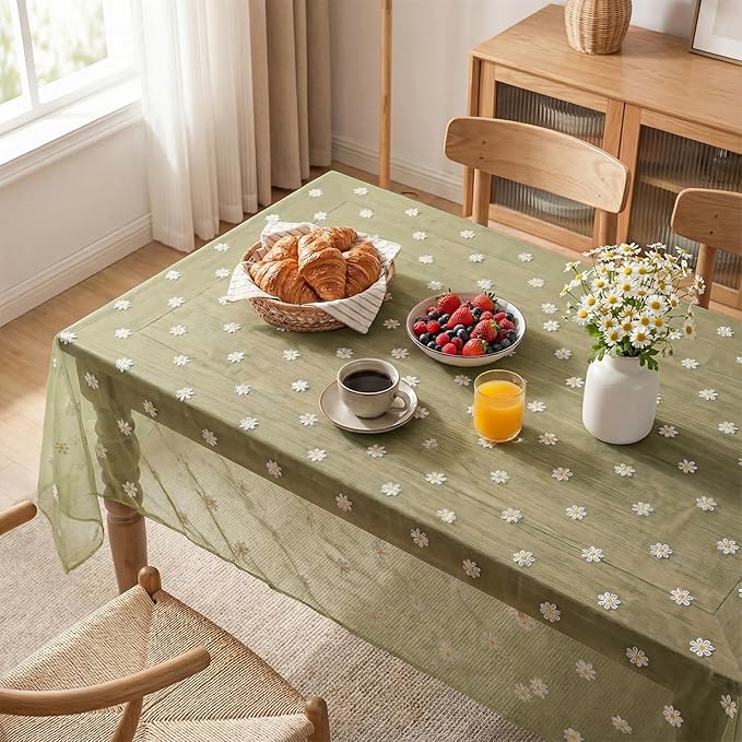 Horaldaily Sage Green Embroidery Daisy Spring Summer Gauze Tablecloth 60×120 Inch Rectangular, Seasonal Tulle Table Cover, Garden Party Decorations for Wedding, Party, Holiday Dining