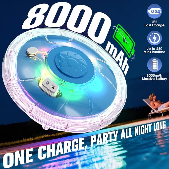 2026 Upgraded Pool Fountain,8000mAh Rechargeable Pool Water Fountain with Light,Large Floating Pool Fountain,4FT Spray Swimming Pools Fountains Pump for Above Ground & Inground Pools Fountains-Blue