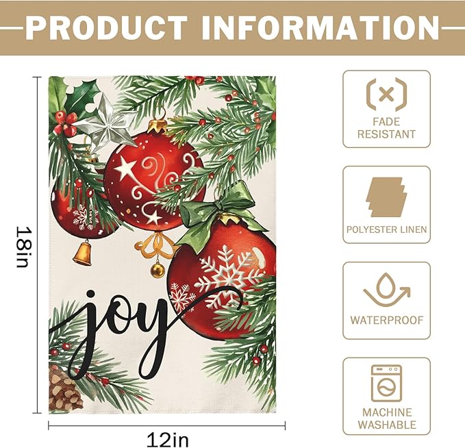Christmas Garden Flag 12x18 Inch Green Leaves Red Xmas Ball Joy Holiday Winter Decorative Yard Flags for Outside Double Sided Seasonal Outdoor Home Farmhouse Decoration Porch New Year Decor
