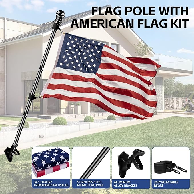 American Flag with Pole for House Outside, Including 5Ft Heavy Duty Flag Aluminum Poles Kit and 100% Polyester 3x5 ft US Flag, No Tangle Spinning Pole and Multi-Position Flag Pole Bracket