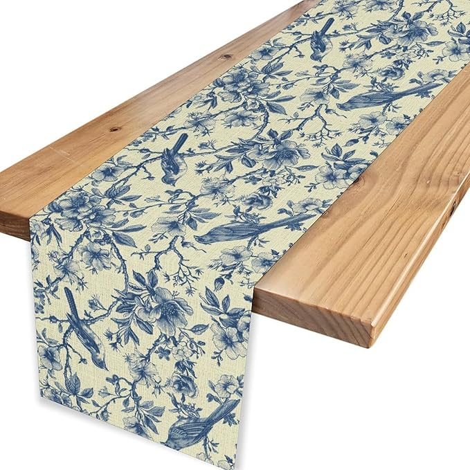 Blue Birds Floral Table Runner, Monochrome Sketch Japanese Boho Spring Seasonal Chinese Table Center Decor for Kitchen Family Country Restaurant and Living Room Table Decorations, 13" X 72"