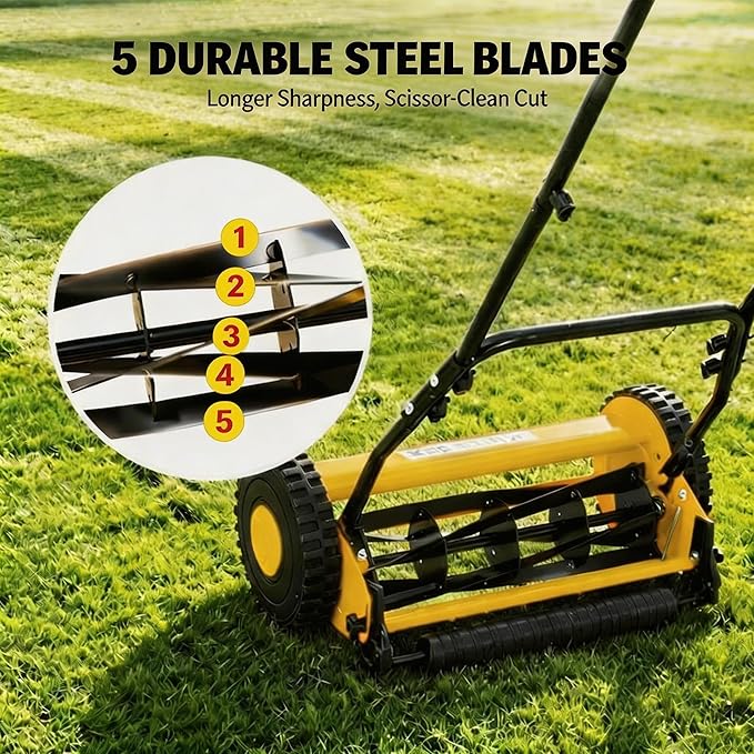16" Push Lawn Mower, Manual Hand Push Lawn Mower Without Grass Catcher, Lightweight & Portable Walk-Behind Mower for Small Yards, Garden & Patio