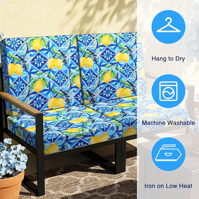 Newwiee 12 Pcs Patio Cushion Covers Outdoor Stretch Sofa Couch Cover Replacement Couch Slipcover Sofa Seat Chair Porch Patio Furniture Protector, Flexibility Washable(Blue Series,Yellow Lemon)