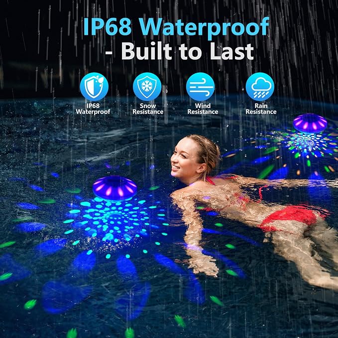 Rechargeable Floating Pool Lights (2 Pack) - Pool Light that Float with Vibrant RGB Colors, IP68 Waterproof Pool Lights, Upper and Lower Color Changing Floating Led Lights for Pond, Bathtub and Party