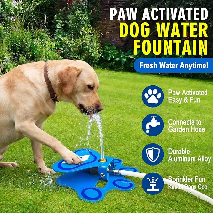 Outdoor Dog Water Fountain for Dogs, Paw Activated Dog Drinking Fountain, Aluminum Step-On Automatic Pet Water Dispenser with Sprinkler Fun, Self-Service Fresh Water Fountain for Yard & Outside