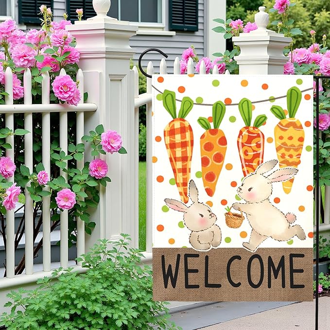 Easter Garden Flag 12 x18 Inch Double Sided Welcome Bunny Carrot Spring Yard Flag Outdoor Farmhouse Porch Decor Cute Rabbit Pattern Seasonal Easter Banners for Garden Lawn Patio Yard Home