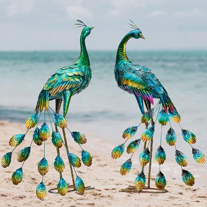 Kircust Metal Peacock Staues for Outdoor Garden | Yard Art Sculptures, Weather-Resistant, Hand-Painted, 30.7"H, For Backyard, Patio, Porch