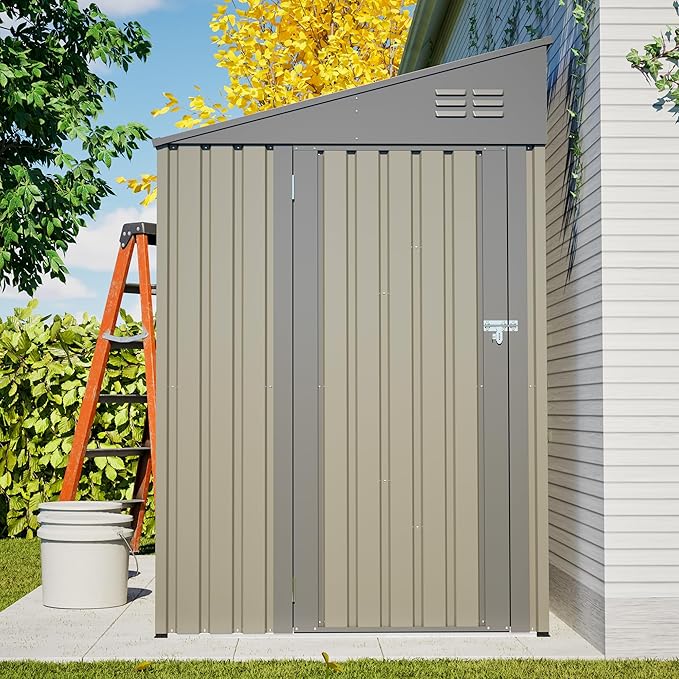YOPTO 4x7 FT Outdoor Storage Shed Lean to Shed,Metal Shed W/Lockable Door & Air Vent,All Weather Waterproof Garden Tool House W/Reversible Installation,for Backyard,Patio,Lawn,Olive Gray