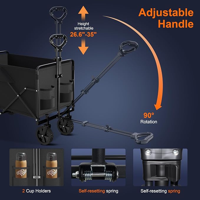 Collapsible Wagon Cart- 380LBS,Folding Beach Utility Wagon,Portable Utility Grocery Cart for Beach, Camping, Garden, Shopping, Transport