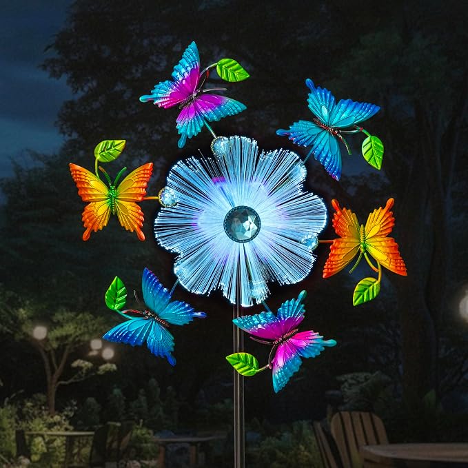 44" Butterfly Wind Spinners Garden Whirligigs, Solar Flower Butterfly Wind Sculpture Yard Art Decorations for Lawn, Patio & Yard & Garden Decor, Metal Wind Spinners Outdoor Decor